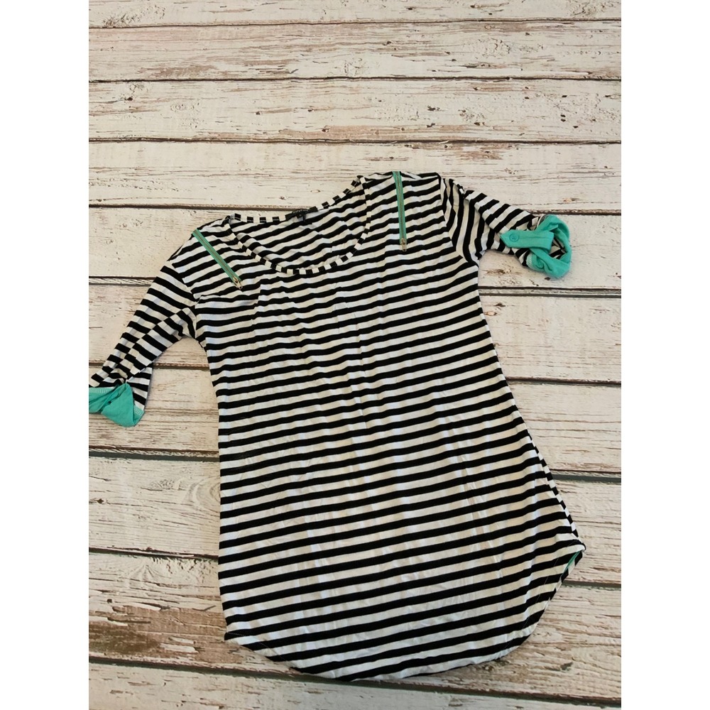 RolyPoly Womens Small Black White Striped Tunic Teal Zipper Shoulder Roll Tab